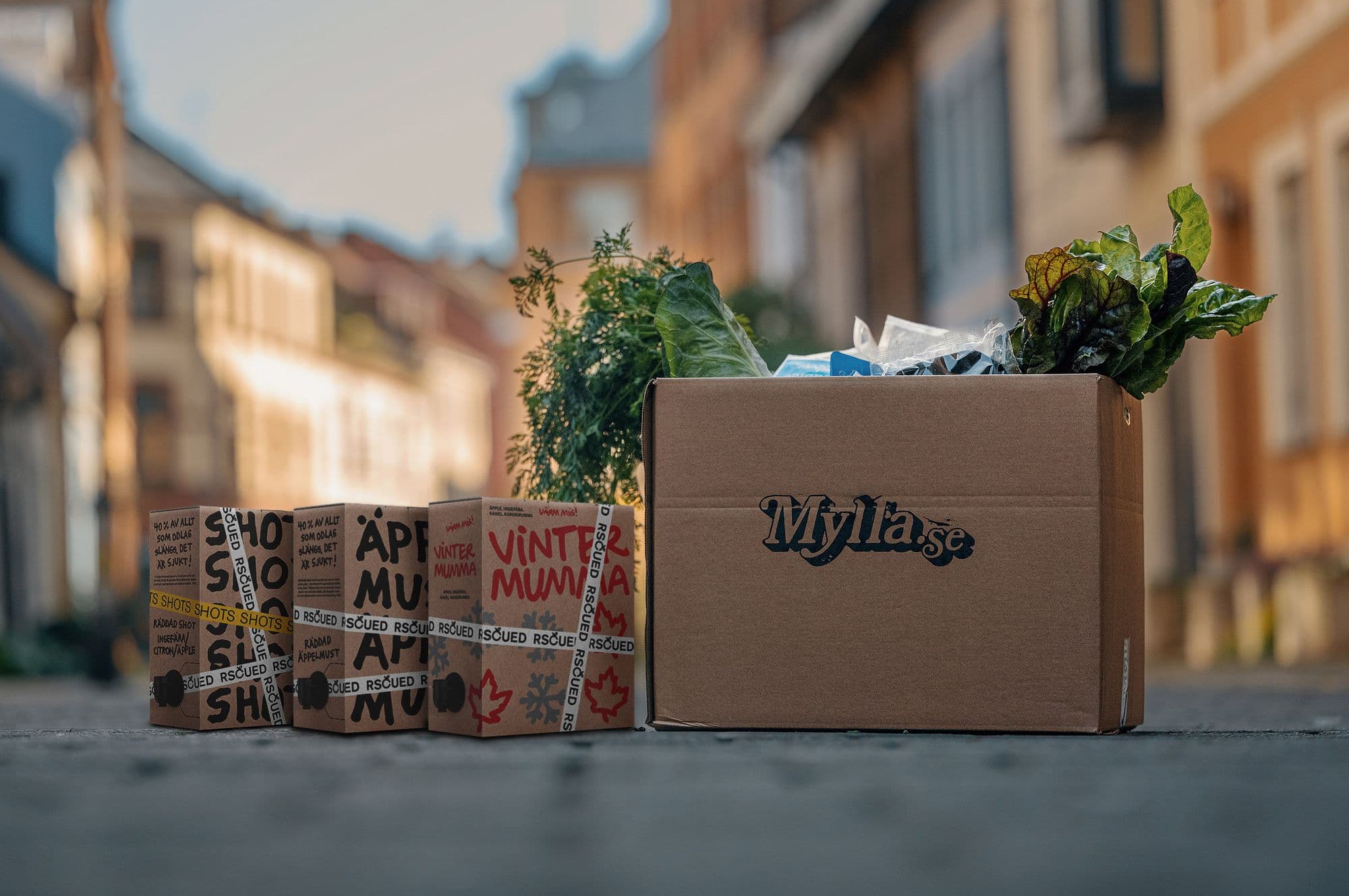 Mylla och juice boxar på marken med en kartong 